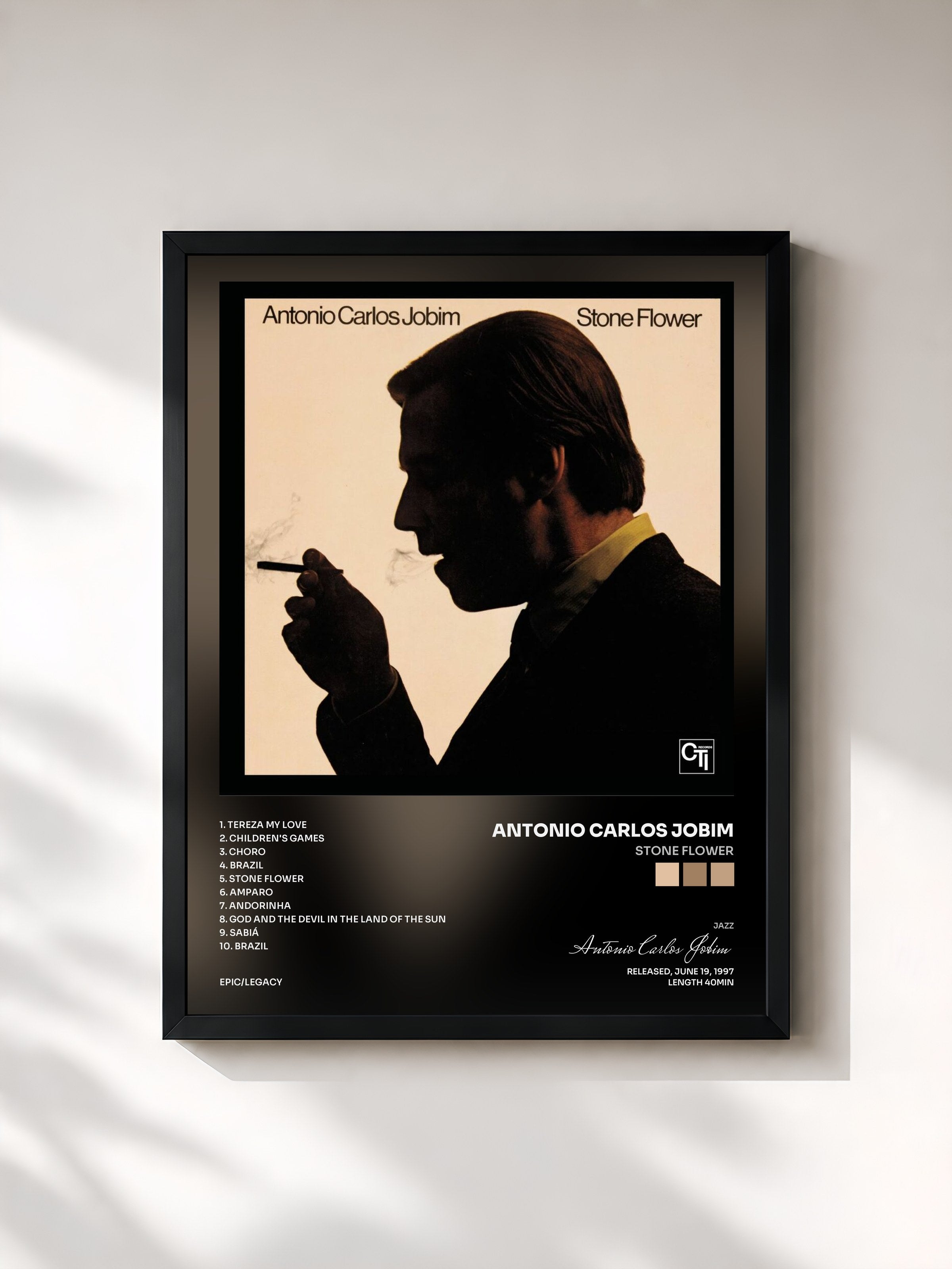 #noir Tableau de l'album Stone Flower de Antonio Carlos Jobim, cadre noir, imprimé et encadré en France