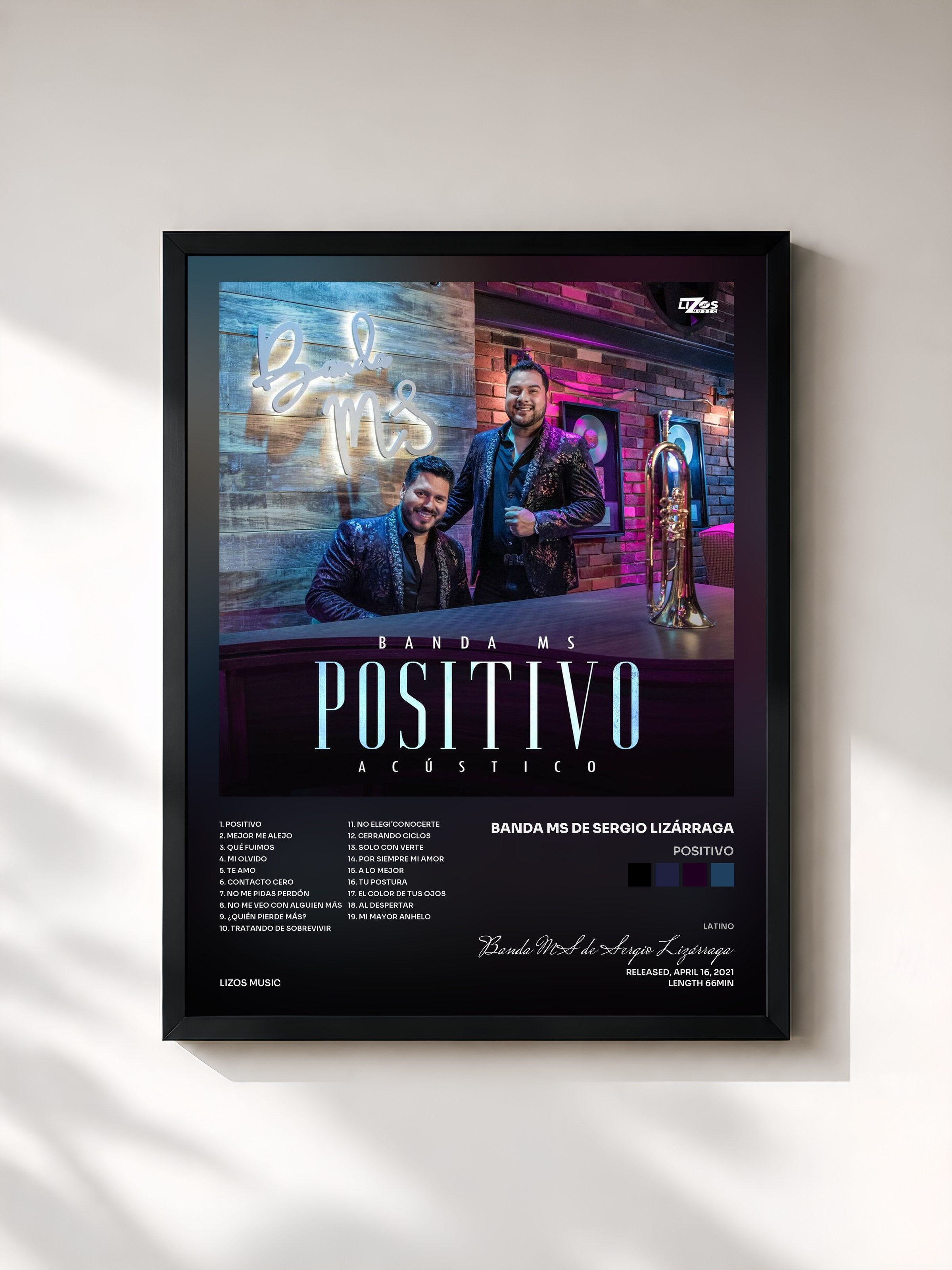 #noir Tableau de l'album Positivo de Banda MS de Sergio Lizárraga, cadre noir, imprimé et encadré en France