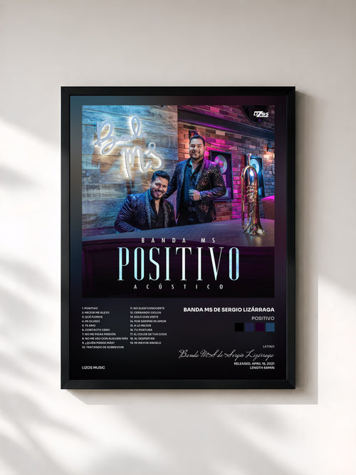 #noir Tableau de l'album Positivo de Banda MS de Sergio Lizárraga, cadre noir, imprimé et encadré en France