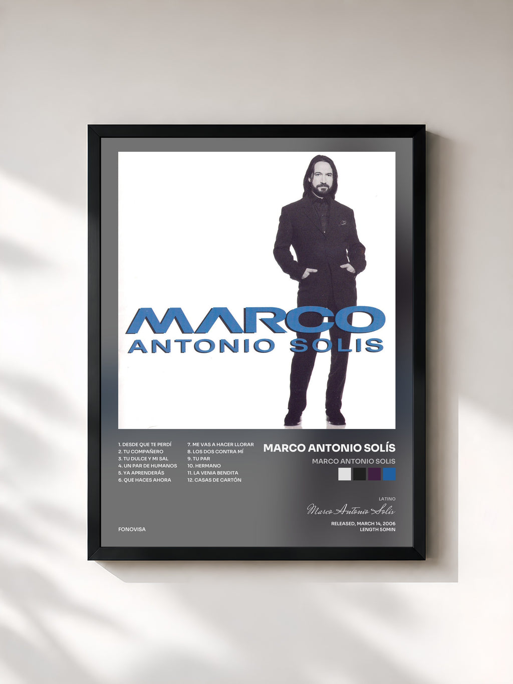 #noir Tableau de l'album Marco Antonio Solis de Marco Antonio Solís, cadre noir, imprimé et encadré en France