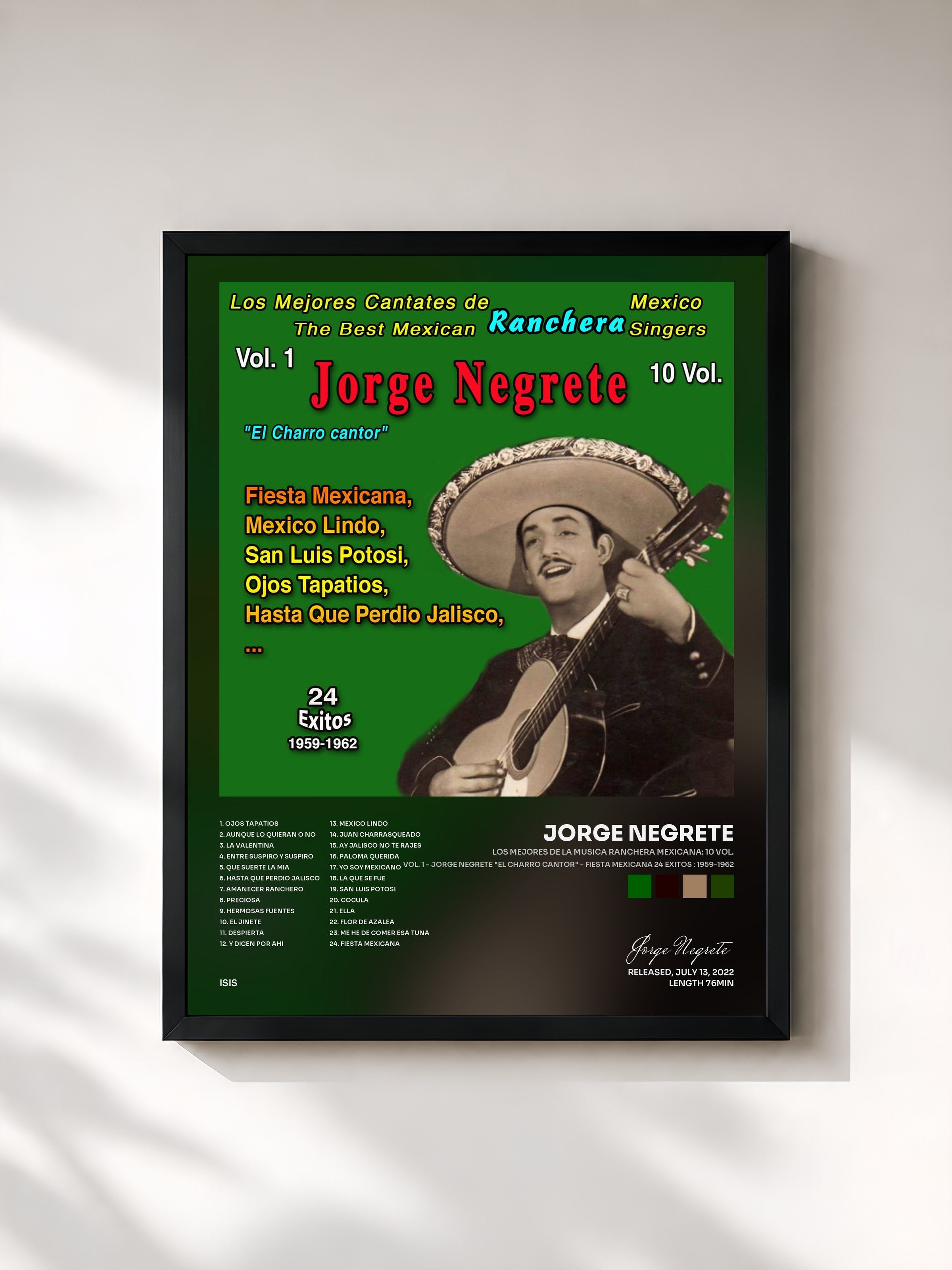 #noir Tableau de l'album Los Mejores de la Musica Ranchera Mexicana: 10 Vol. (Vol. 1 - Jorge Negrete "El Charro Cantor" - Fiesta Mexicana 24 Exitos : 1959-1962) de Jorge Negrete, cadre noir, imprimé et encadré en France