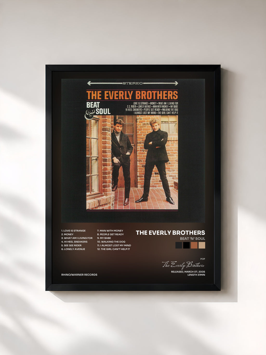 #noir Tableau de l'album Beat 'n' Soul de The Everly Brothers, cadre noir, imprimé et encadré en France