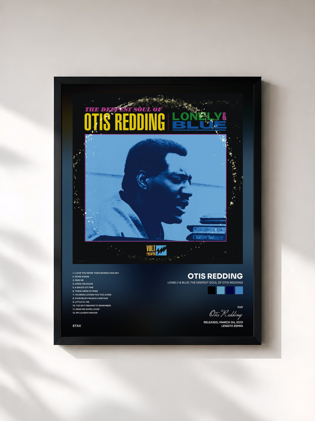 #noir Tableau de l'album Lonely & Blue: The Deepest Soul of Otis Redding de Otis Redding, cadre noir, imprimé et encadré en France