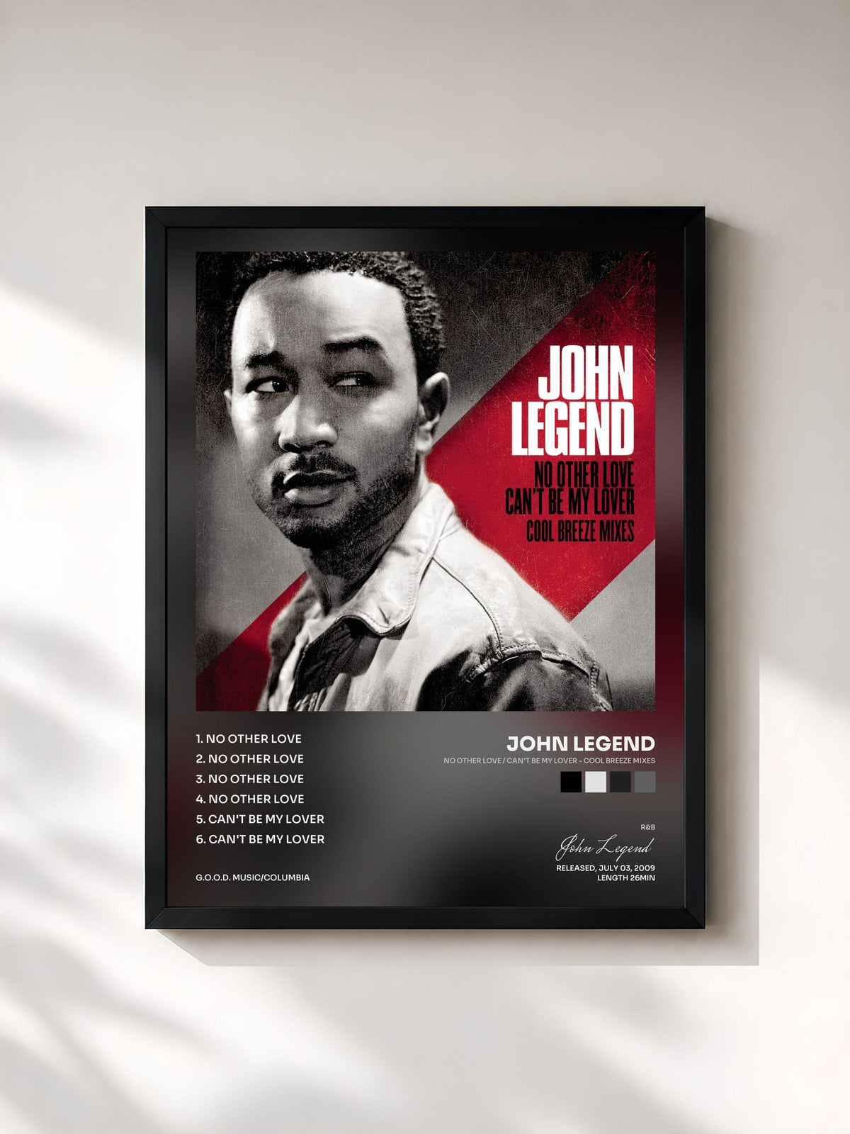 #noir Tableau de l'album No Other Love / Can't Be My Lover - Cool Breeze Mixes de John Legend, cadre noir, imprimé et encadré en France