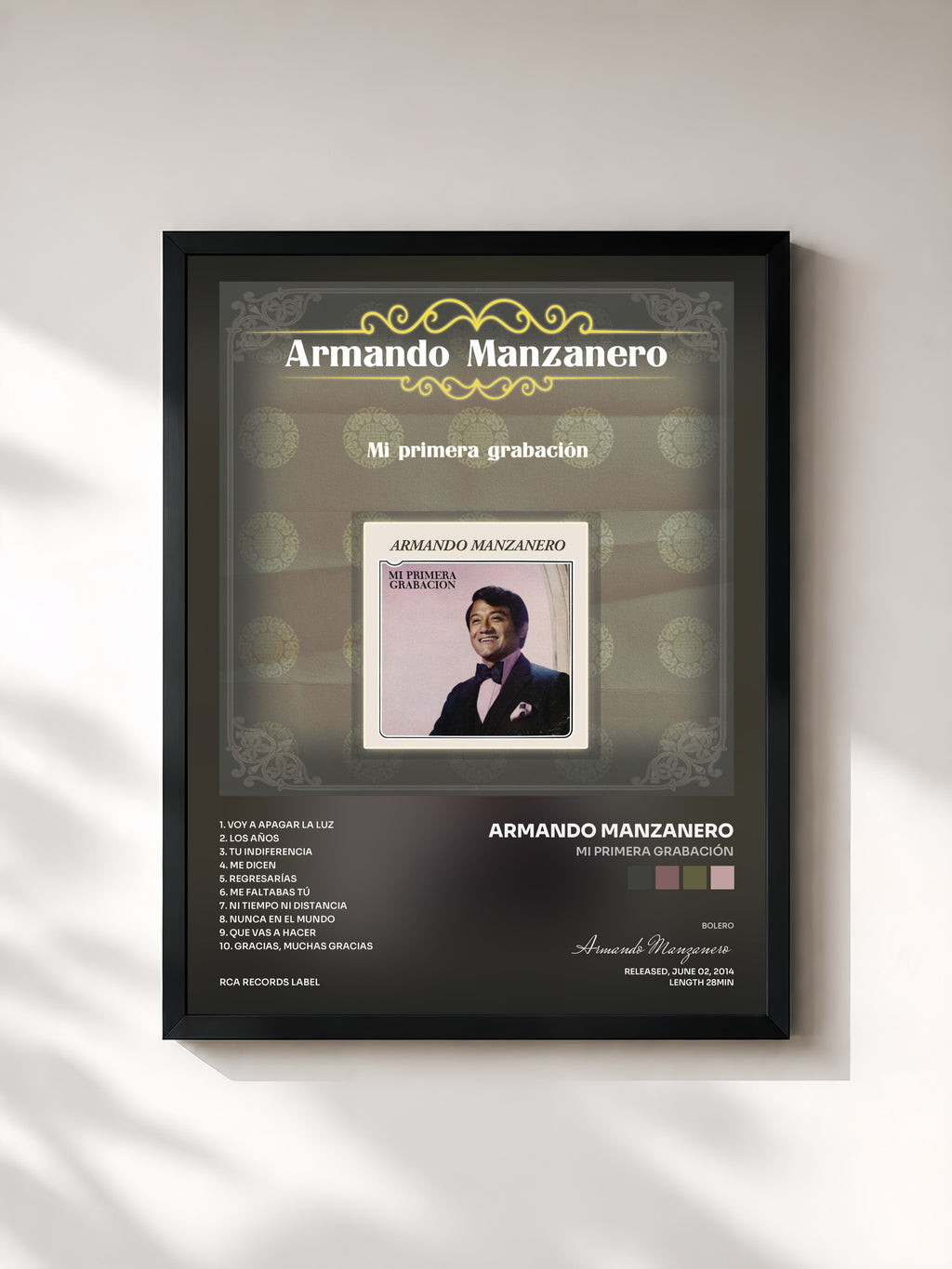 #noir Tableau de l'album Mi Primera Grabación de Armando Manzanero, cadre noir, imprimé et encadré en France