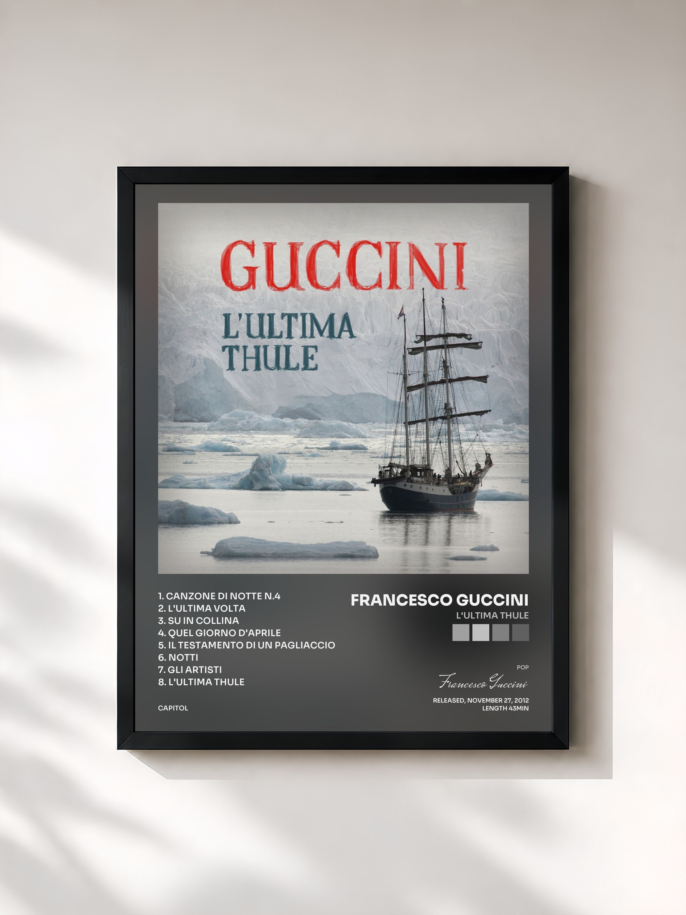 #noir Tableau de l'album L'Ultima Thule de Francesco Guccini, cadre noir, imprimé et encadré en France