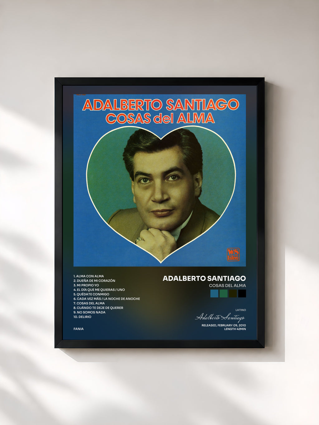 #noir Tableau de l'album Cosas del Alma de Adalberto Santiago, cadre noir, imprimé et encadré en France