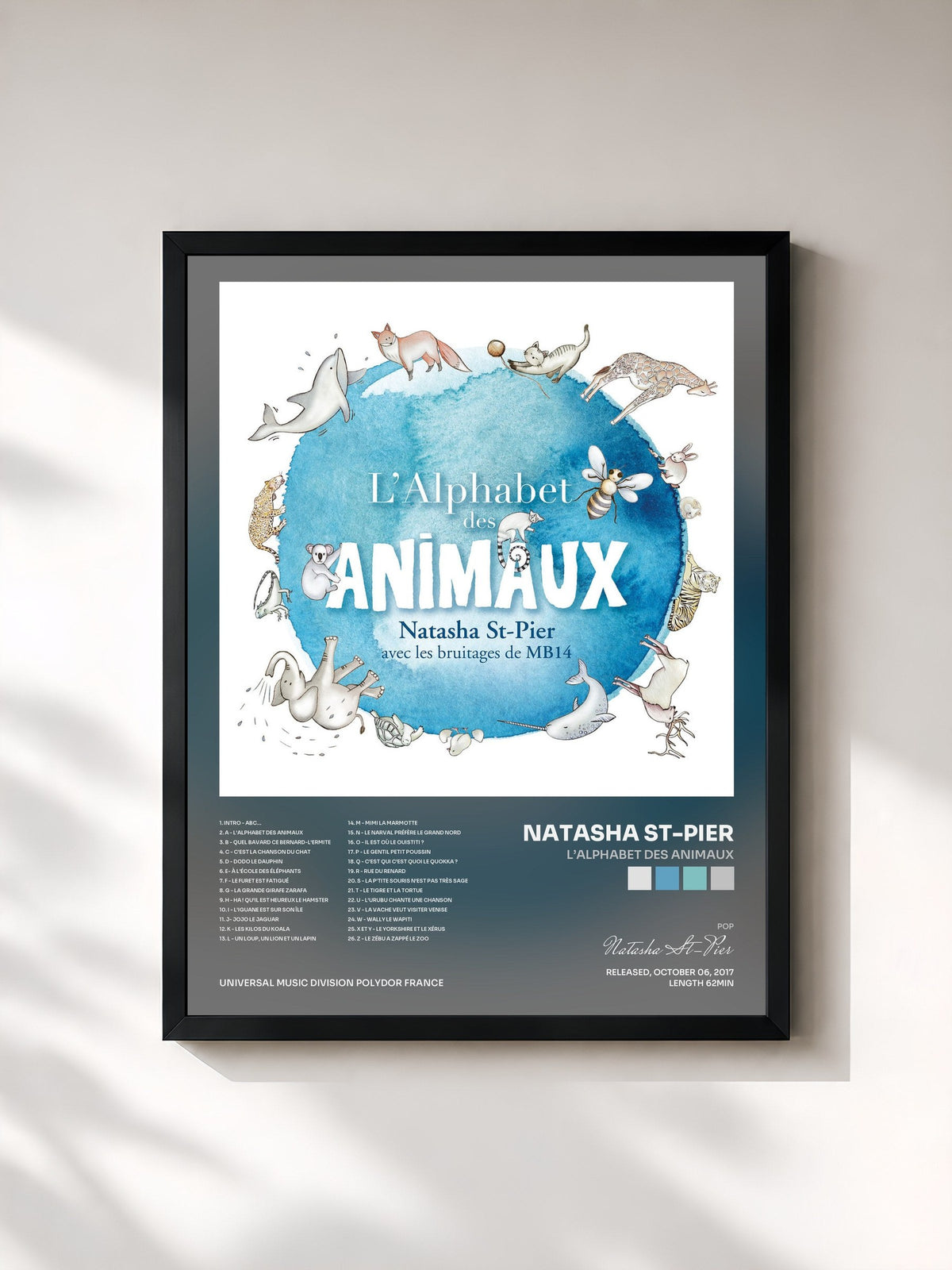 #noir Tableau de l'album L’alphabet des animaux de Natasha St-Pier, cadre noir, imprimé et encadré en France