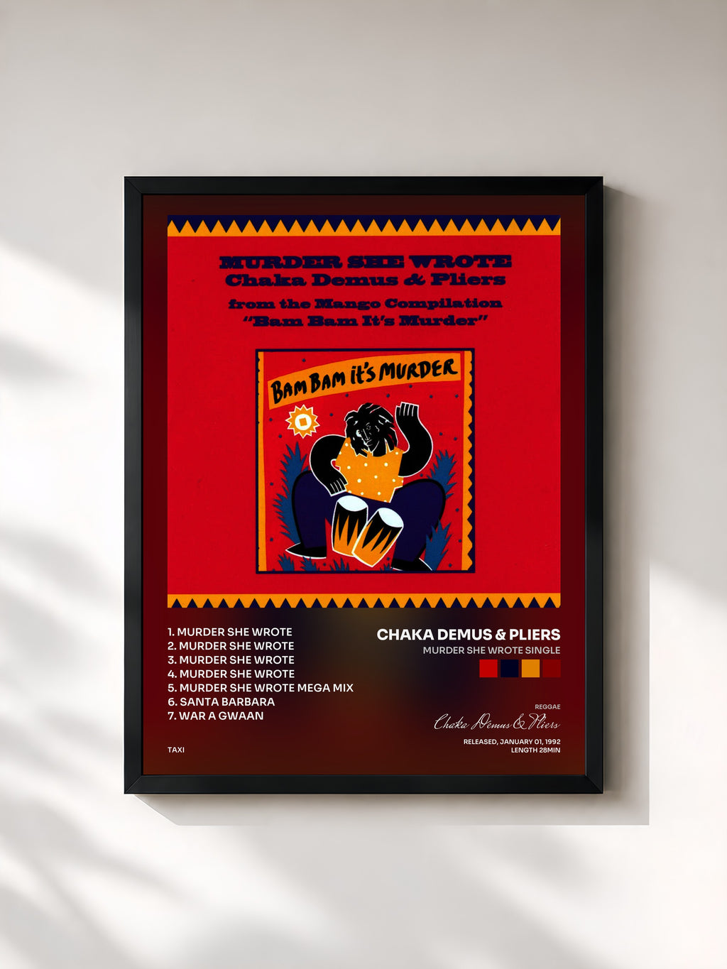 #noir Tableau de l'album Murder She Wrote Single de Chaka Demus & Pliers, cadre noir, imprimé et encadré en France