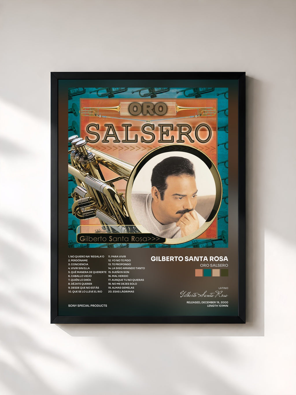 #noir Tableau de l'album Oro Salsero de Gilberto Santa Rosa, cadre noir, imprimé et encadré en France