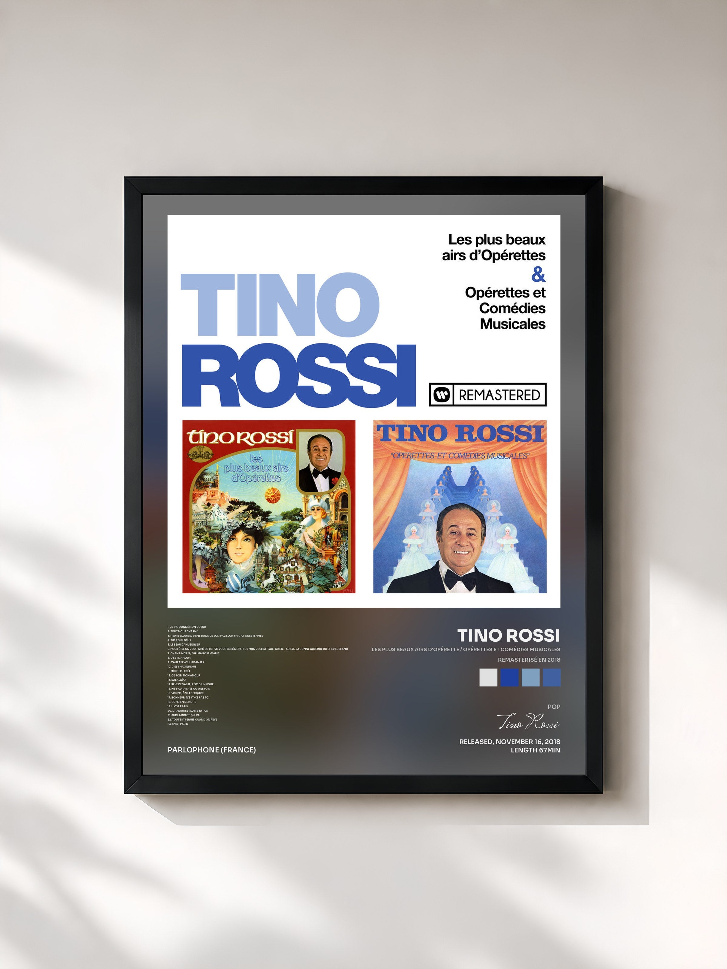#noir Tableau de l'album Les plus beaux airs d'opérette / Opérettes et comédies musicales (Remasterisé en 2018) de Tino Rossi, cadre noir, imprimé et encadré en France