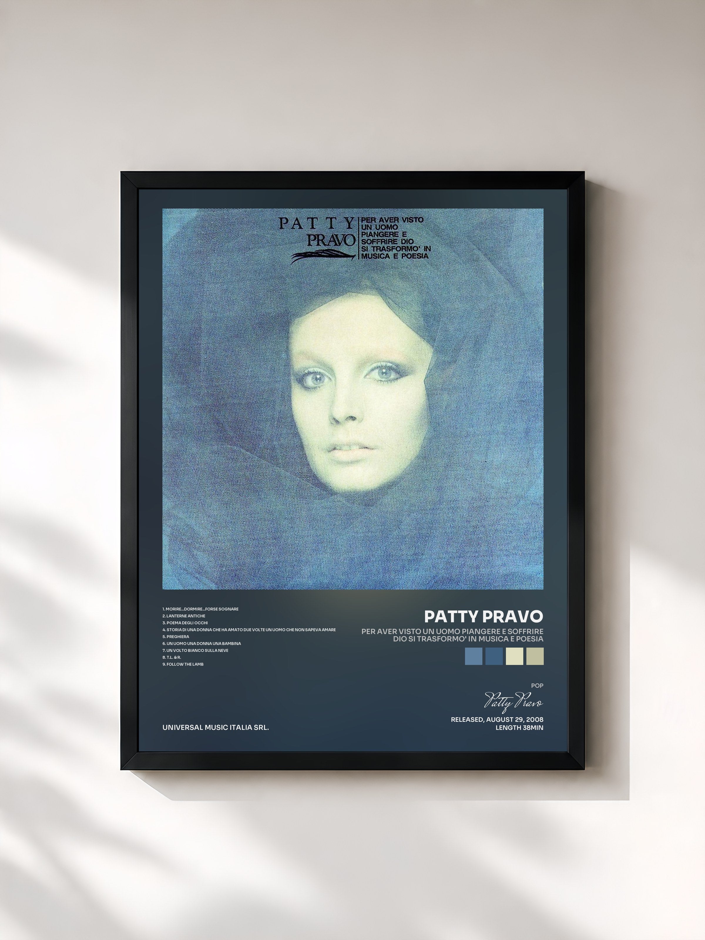 #noir Tableau de l'album Per Aver Visto Un Uomo Piangere E Soffrire Dio Si Trasformo' In Musica E Poesia de Patty Pravo, cadre noir, imprimé et encadré en France