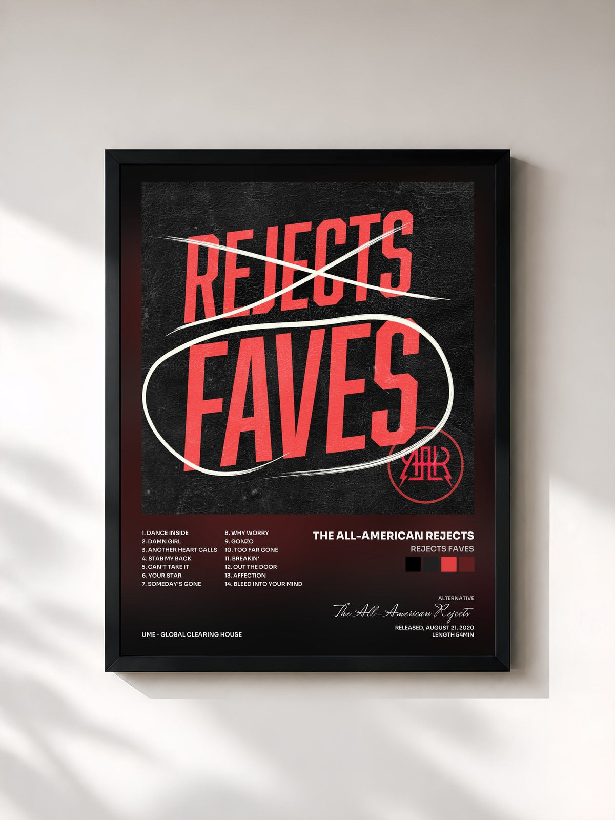 #noir Tableau de l'album Rejects Faves de The All-American Rejects, cadre noir, imprimé et encadré en France