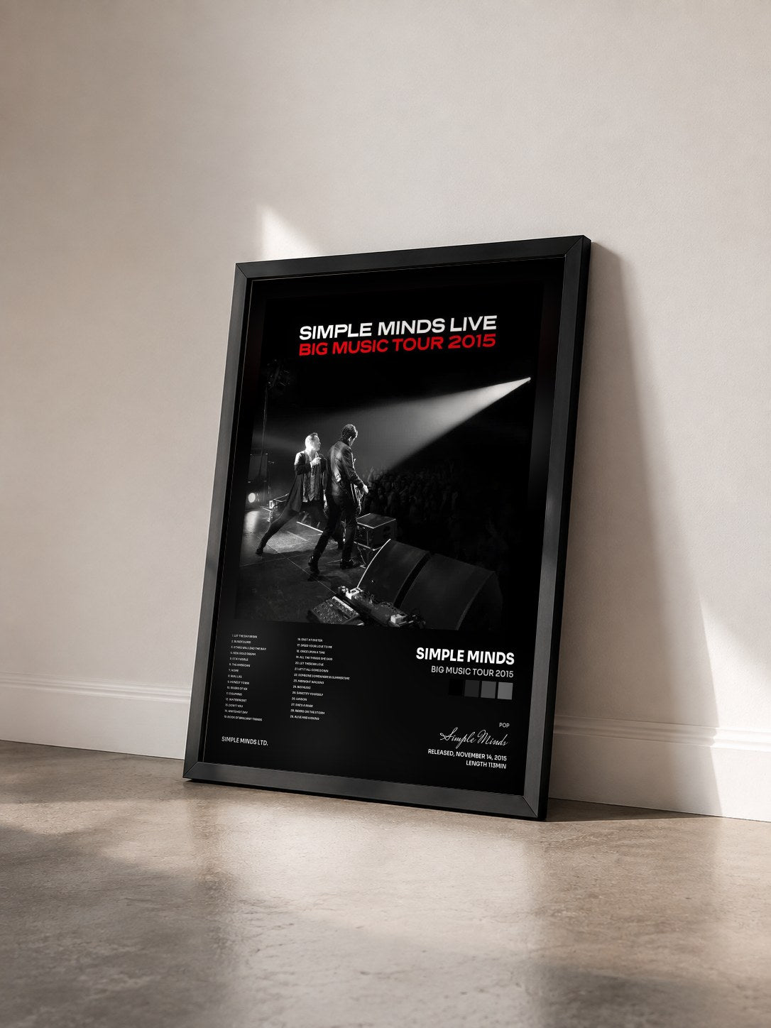 #noir Big Music Tour 2015 di Simple Minds in stampa incorniciata vista di tre quarti, cornice nera