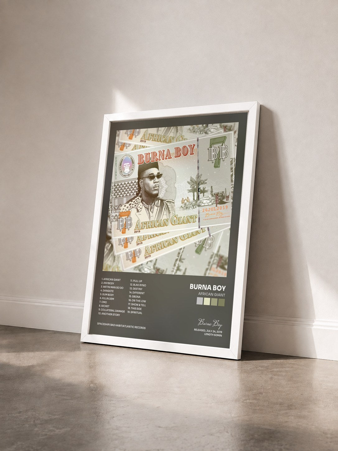 #blanc Tableau de l'album African Giant de Burna Boy vu de trois quarts, cadre blanc