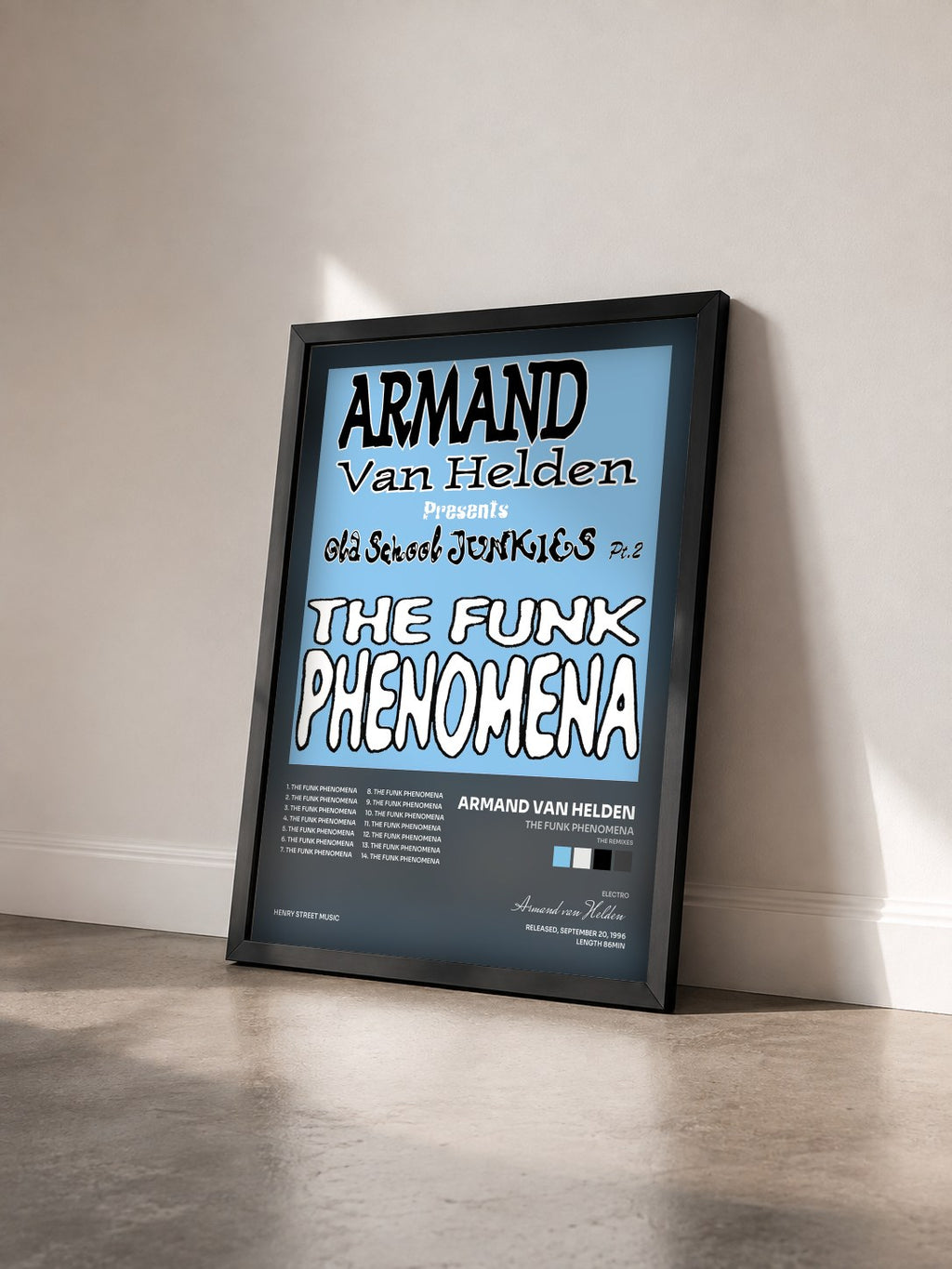 #noir Tableau de l'album The Funk Phenomena (The Remixes) de Armand van Helden vu de trois quarts, cadre noir