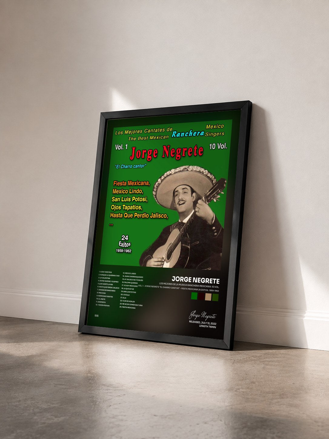 #noir Tableau de l'album Los Mejores de la Musica Ranchera Mexicana: 10 Vol. (Vol. 1 - Jorge Negrete "El Charro Cantor" - Fiesta Mexicana 24 Exitos : 1959-1962) de Jorge Negrete vu de trois quarts, cadre noir