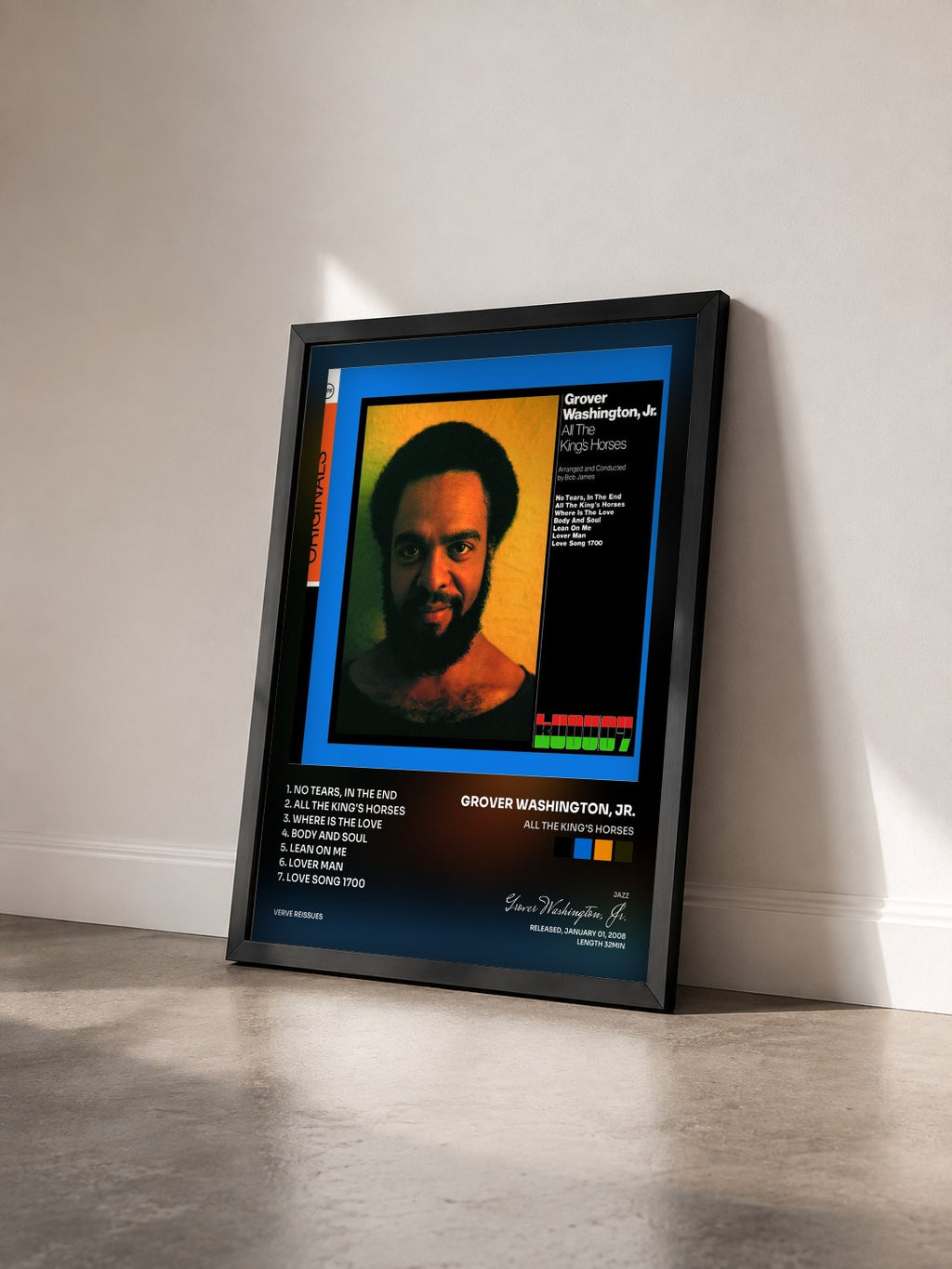 #noir Tableau de l'album All The King's Horses de Grover Washington, Jr. vu de trois quarts, cadre noir