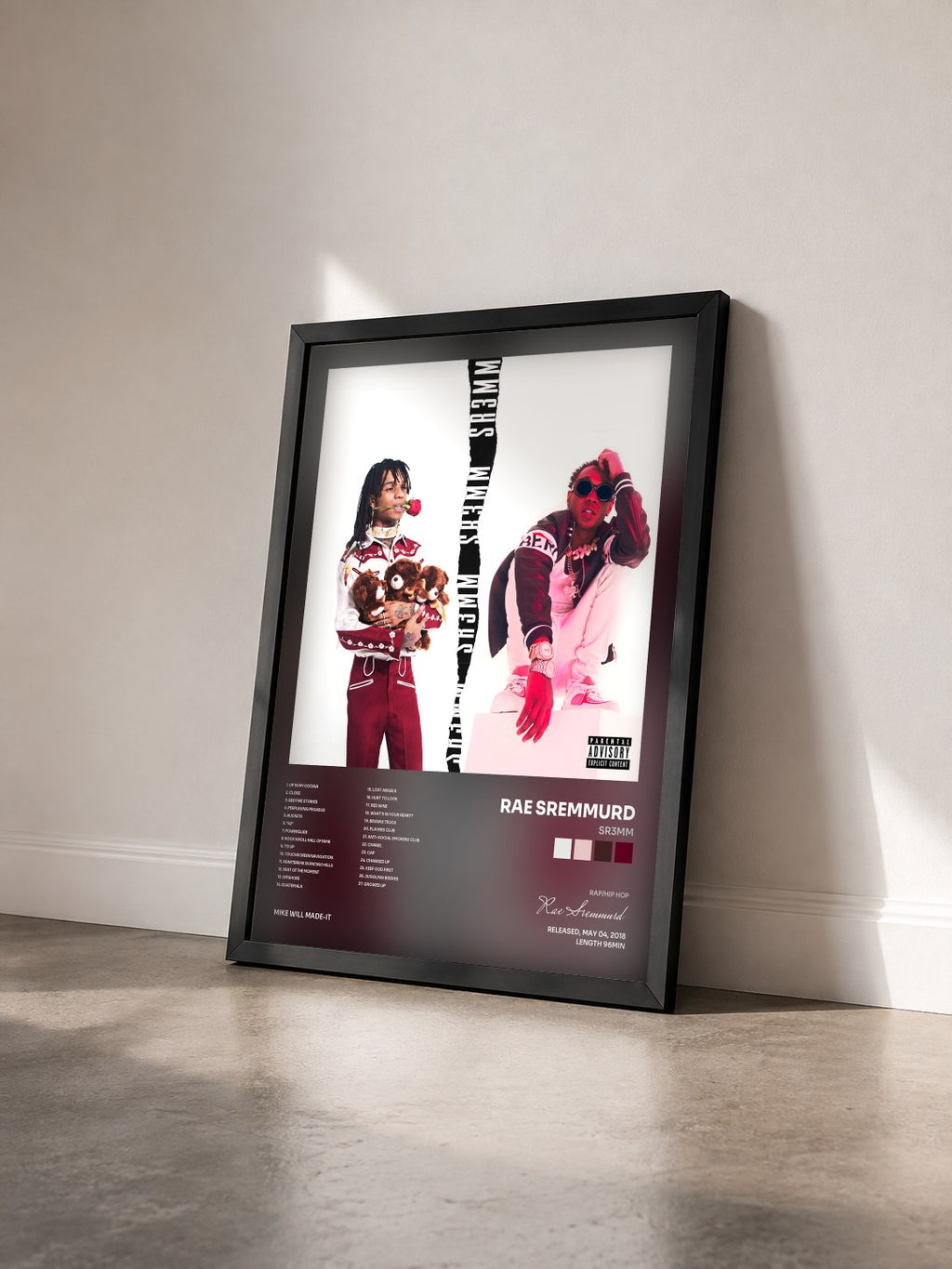 #noir SR3MM de Rae Sremmurd en lámina enmarcada vista de tres cuartos, marco negro