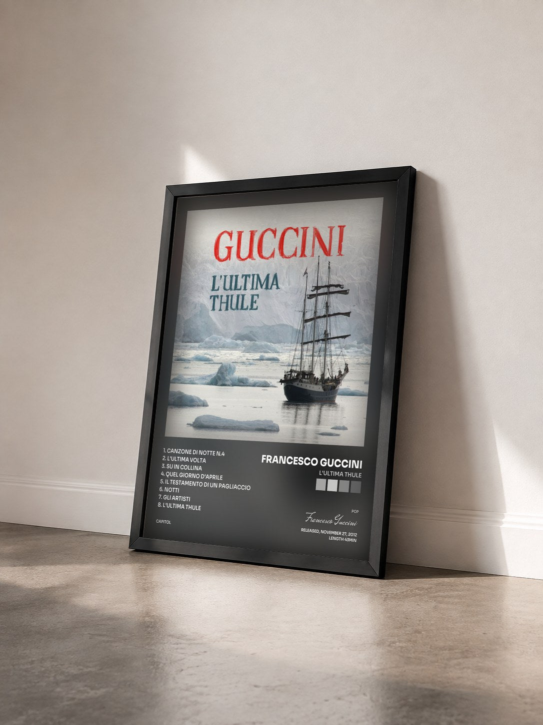 #noir Tableau de l'album L'Ultima Thule de Francesco Guccini vu de trois quarts, cadre noir