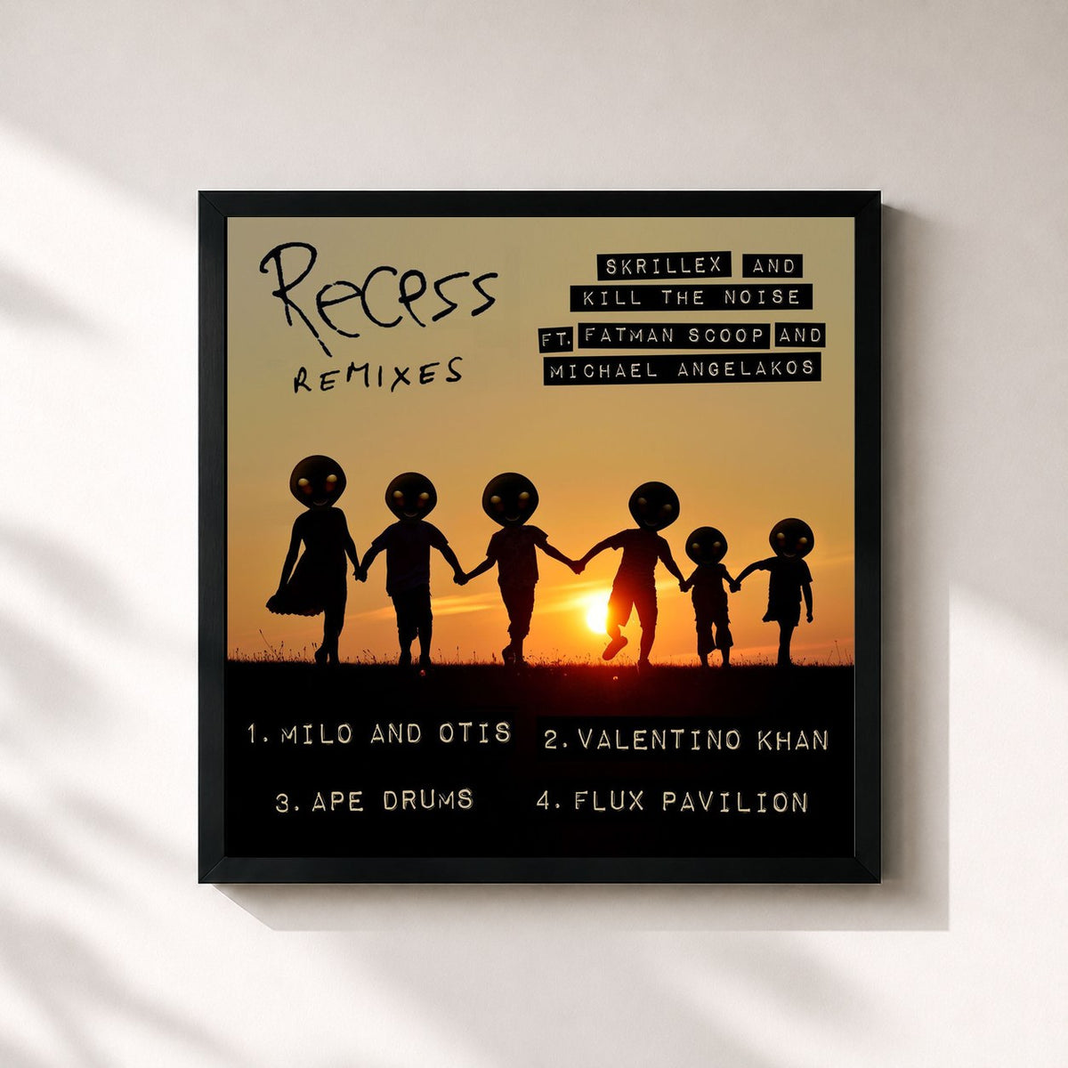 #noir Tableau carré de l'album Recess Remixes (feat. Fatman Scoop and Michael Angelakos) de Skrillex, cadre noir 32x32 cm