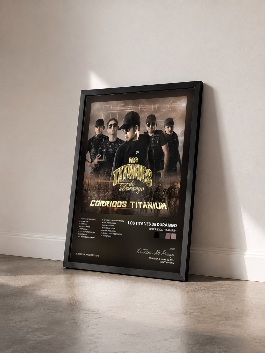 #noir Tableau de l'album Corridos Titanium de Los Titanes De Durango vu de trois quarts, cadre noir