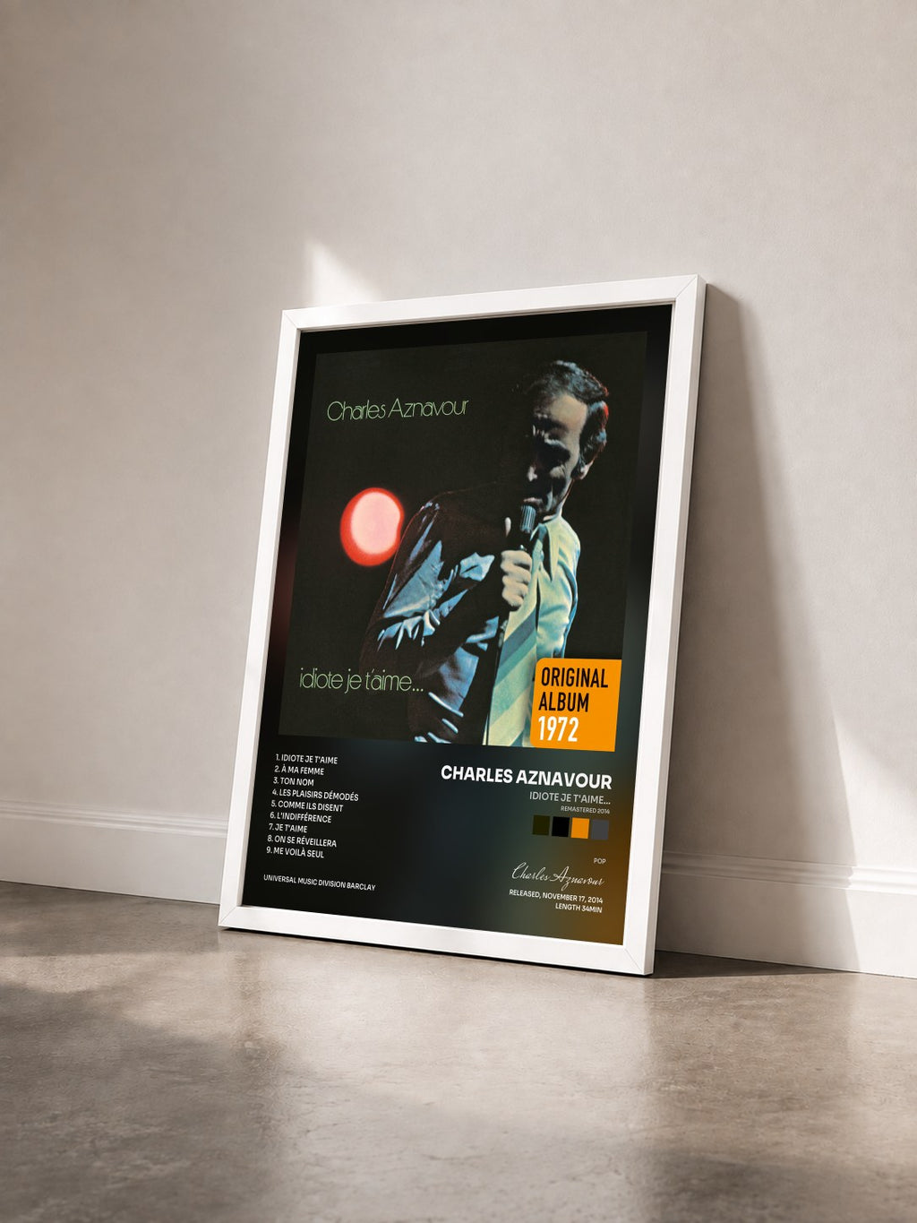 #blanc Tableau de l'album Idiote je t'aime... (Remastered 2014) de Charles Aznavour vu de trois quarts, cadre blanc