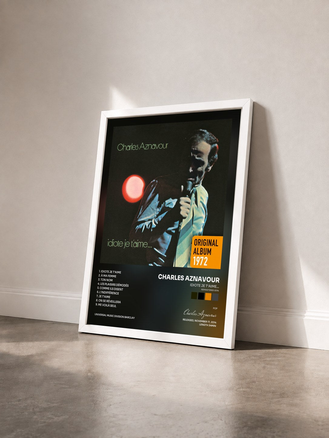 #blanc Tableau de l'album Idiote je t'aime... (Remastered 2014) de Charles Aznavour vu de trois quarts, cadre blanc