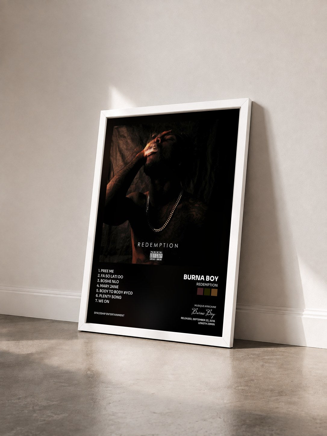 #blanc Tableau de l'album Redemption de Burna Boy vu de trois quarts, cadre blanc
