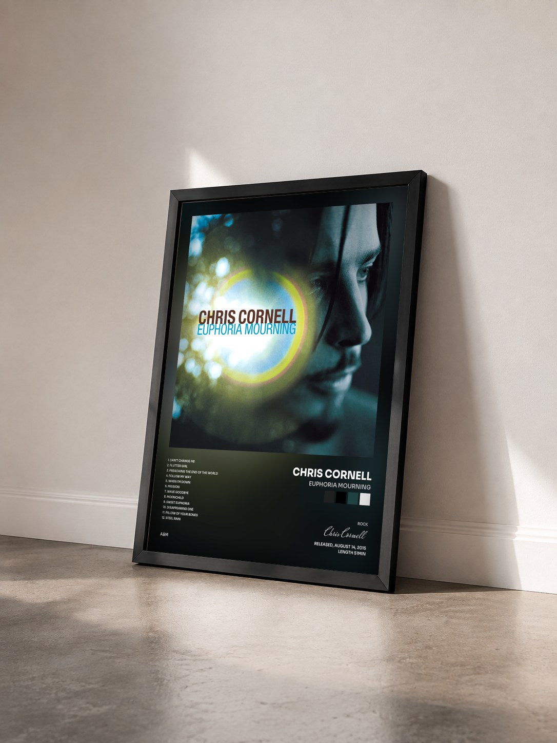 #noir Euphoria Mourning by Chris Cornell as a framed art print seen at an angle, black frame