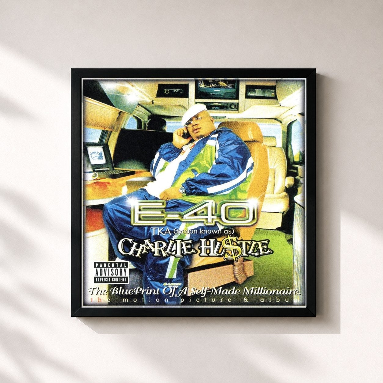 #noir Tableau carré de l'album Charlie Hustle: Blueprint Of A Self-Made Millionaire de E-40, cadre noir 32x32 cm