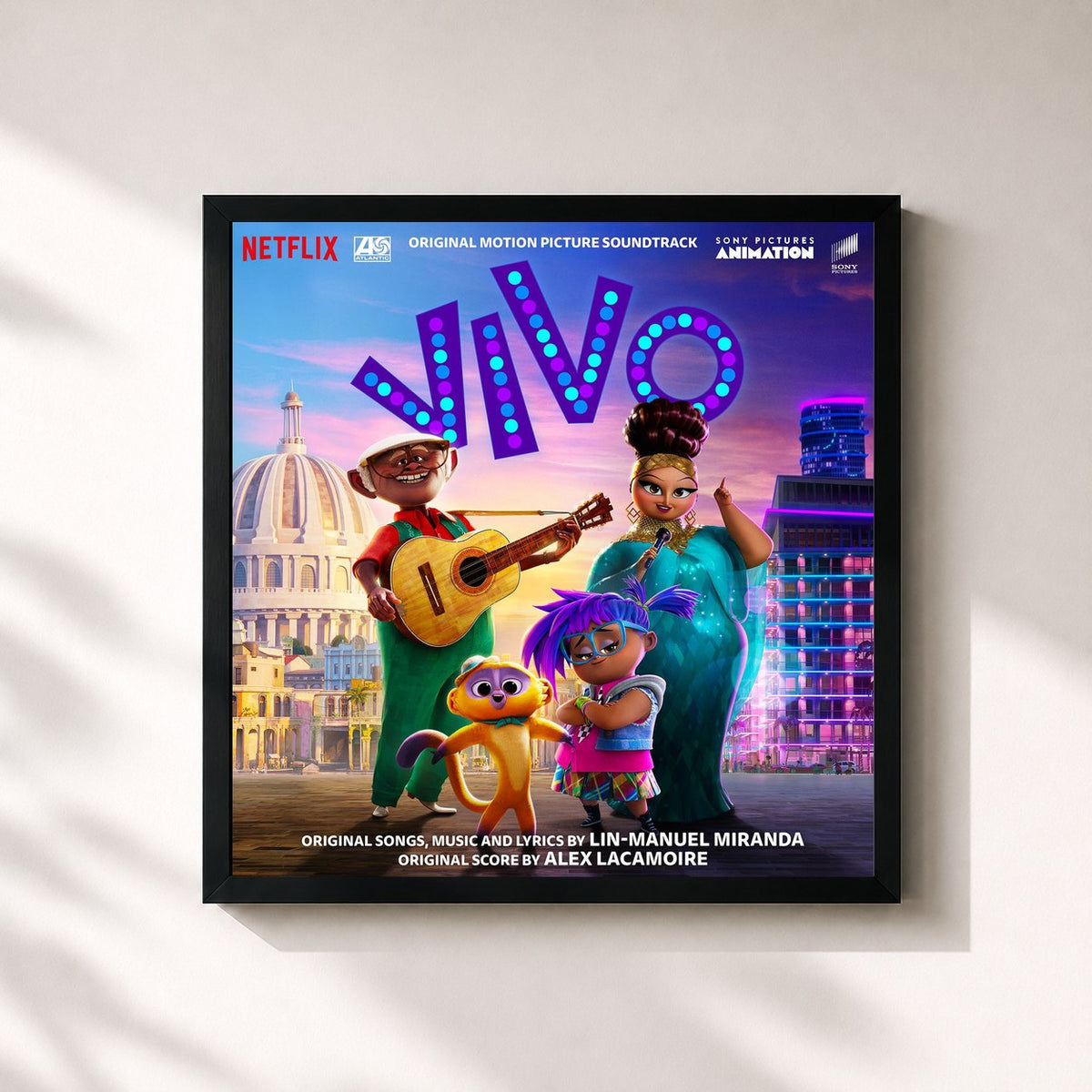 #noir Vivo (Original Motion Picture Soundtrack) de Lin-Manuel Miranda en lámina cuadrada enmarcada, marco negro de 32x32 cm