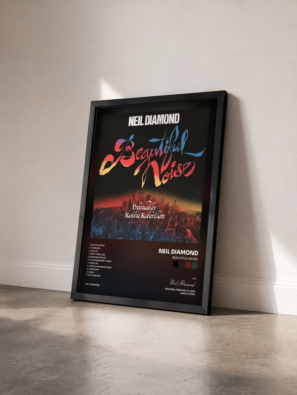 #noir Beautiful Noise von Neil Diamond als gerahmter Kunstdruck von schräg gesehen, schwarzer Rahmen