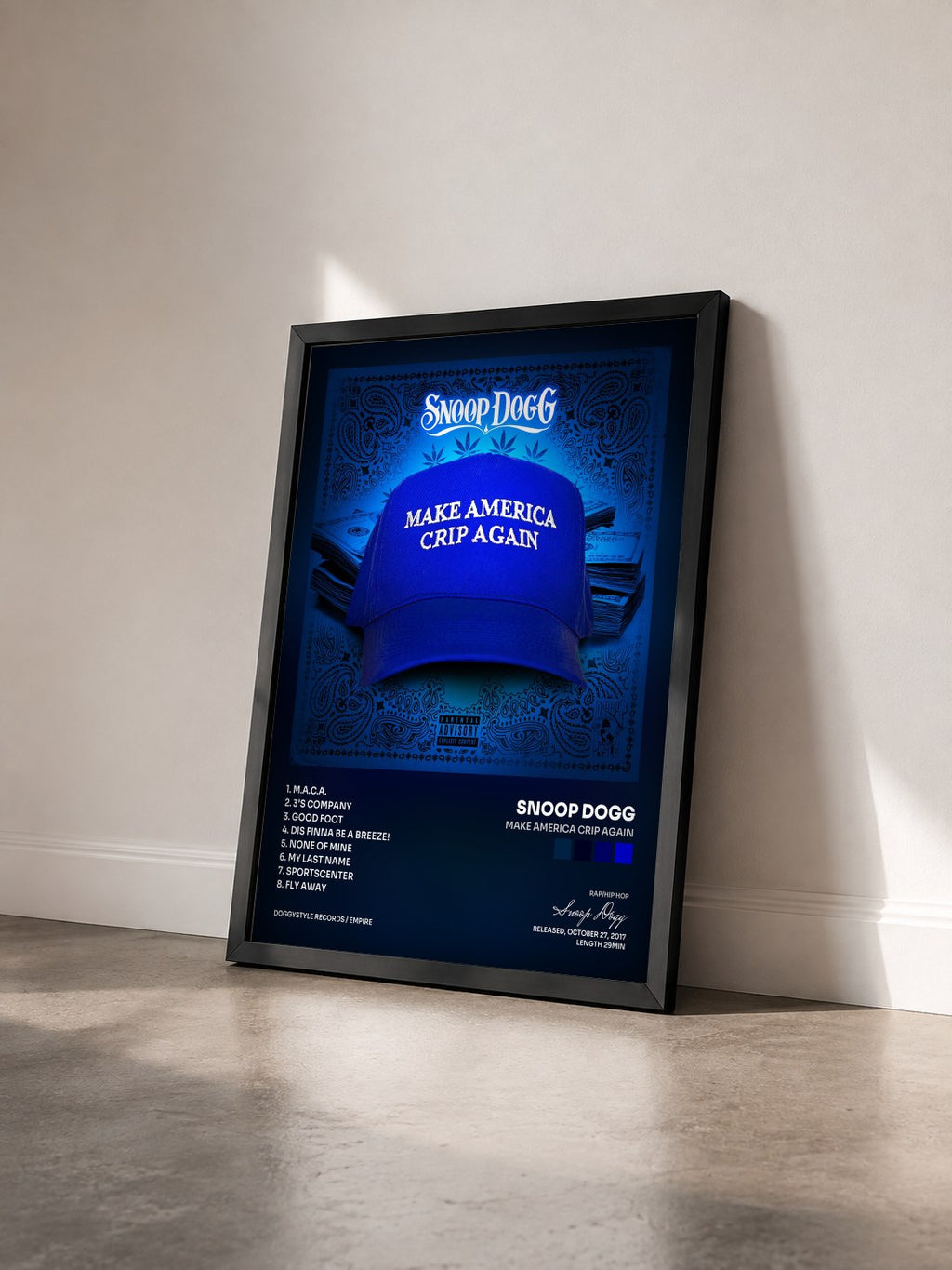 #noir Tableau de l'album Make America Crip Again de Snoop Dogg vu de trois quarts, cadre noir