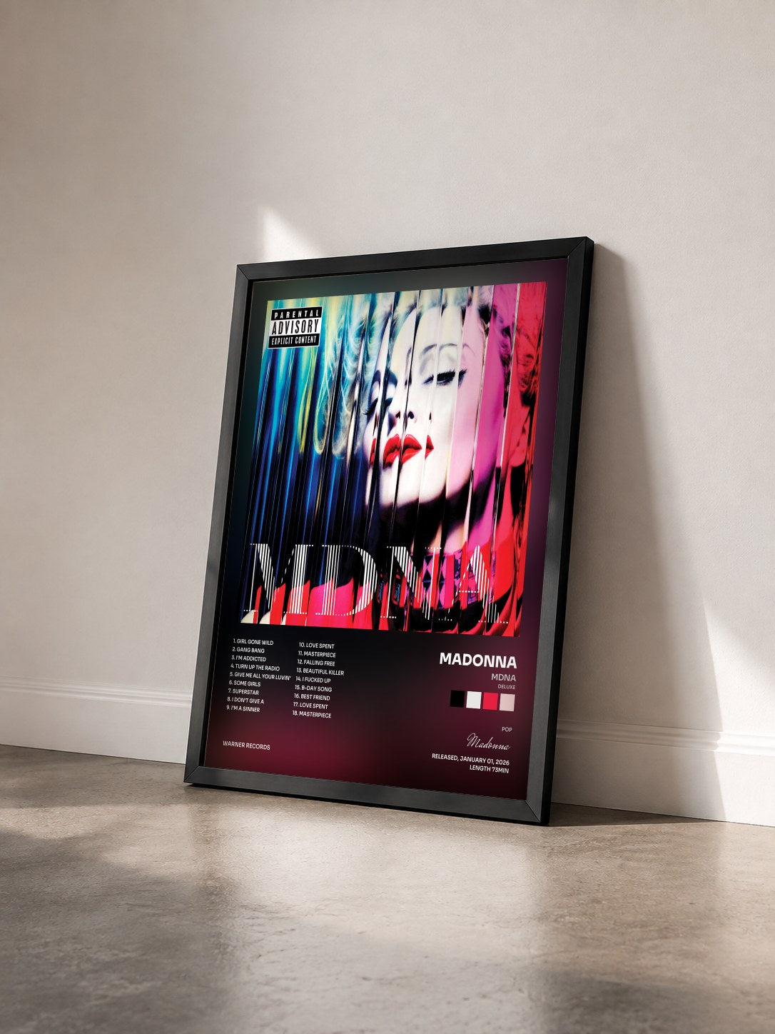 #noir Tableau de l'album MDNA (Deluxe) de Madonna vu de trois quarts, cadre noir