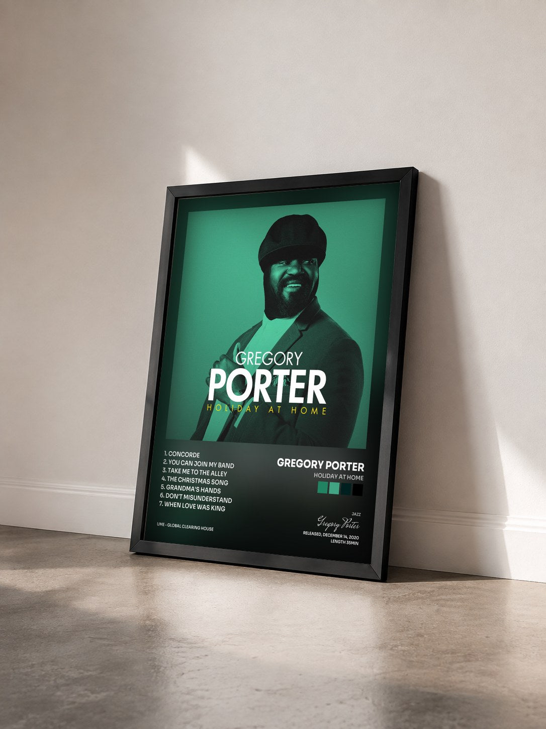 #noir Holiday At Home by Gregory Porter as a framed art print seen at an angle, black frame