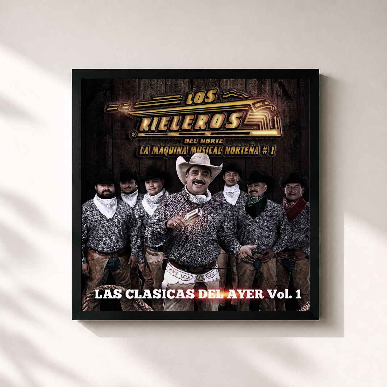 #noir Tableau carré de l'album Las Clasicas del Ayer, Vol. 1 de Los Rieleros Del Norte, cadre noir 32x32 cm