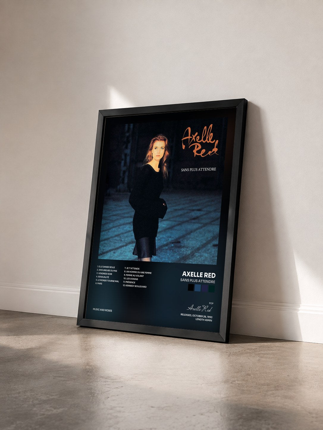 #noir Tableau de l'album Sans plus attendre de Axelle Red vu de trois quarts, cadre noir