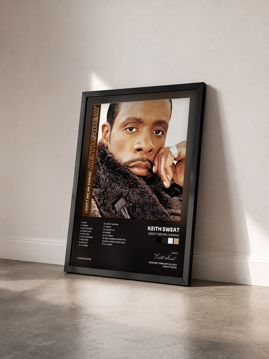 #noir Tableau de l'album Didn't See Me Coming de Keith Sweat vu de trois quarts, cadre noir