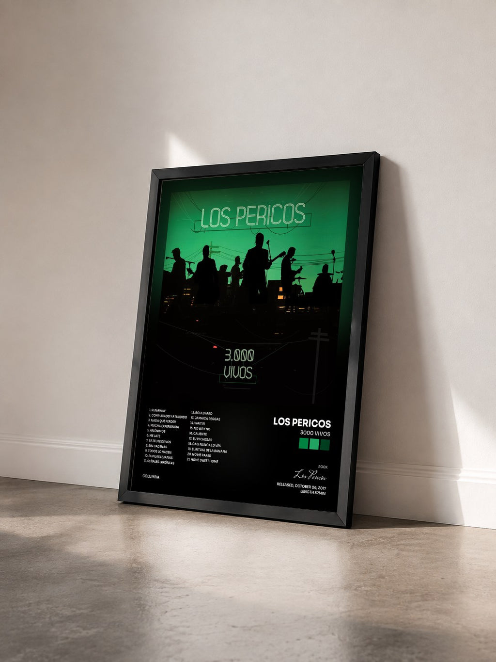 #noir Tableau de l'album 3000 Vivos de Los Pericos vu de trois quarts, cadre noir