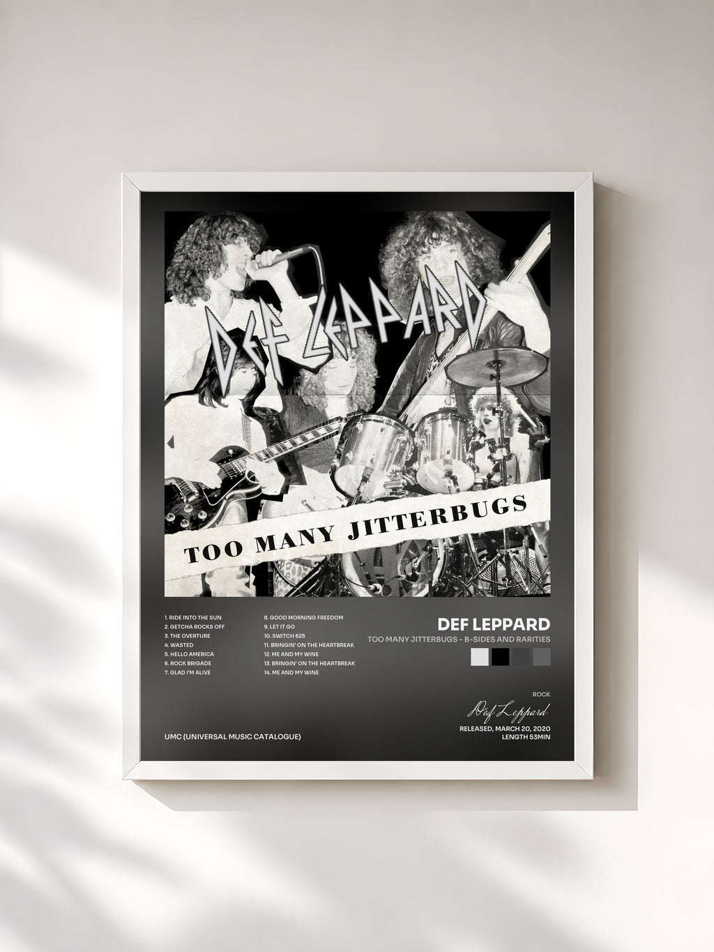 #blanc Tableau de l'album Too Many Jitterbugs - B-Sides and Rarities de Def Leppard, cadre blanc, imprimé et encadré en France