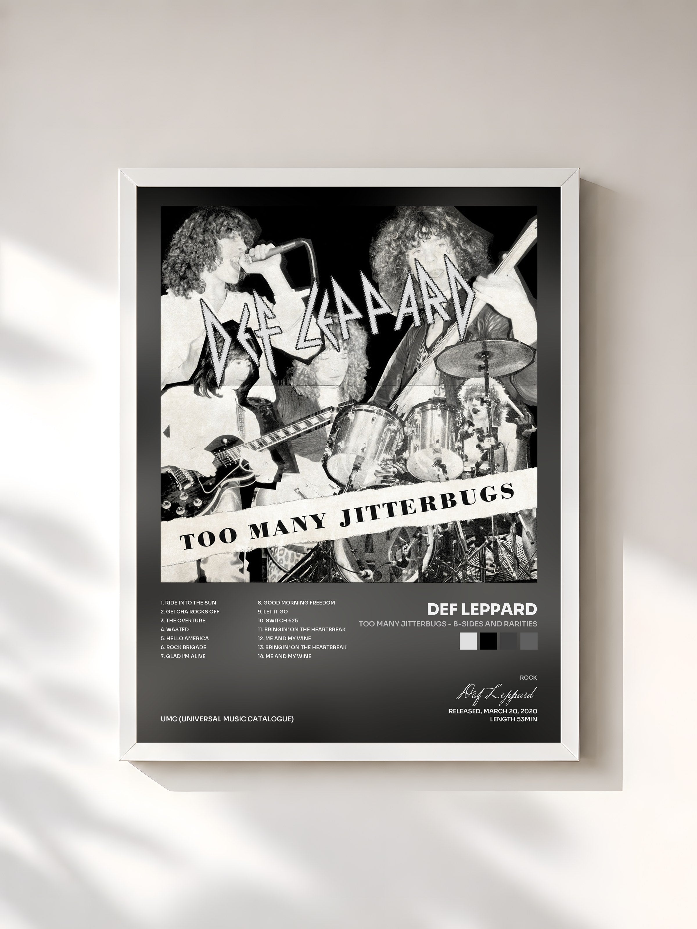 #blanc Tableau de l'album Too Many Jitterbugs - B-Sides and Rarities de Def Leppard, cadre blanc, imprimé et encadré en France