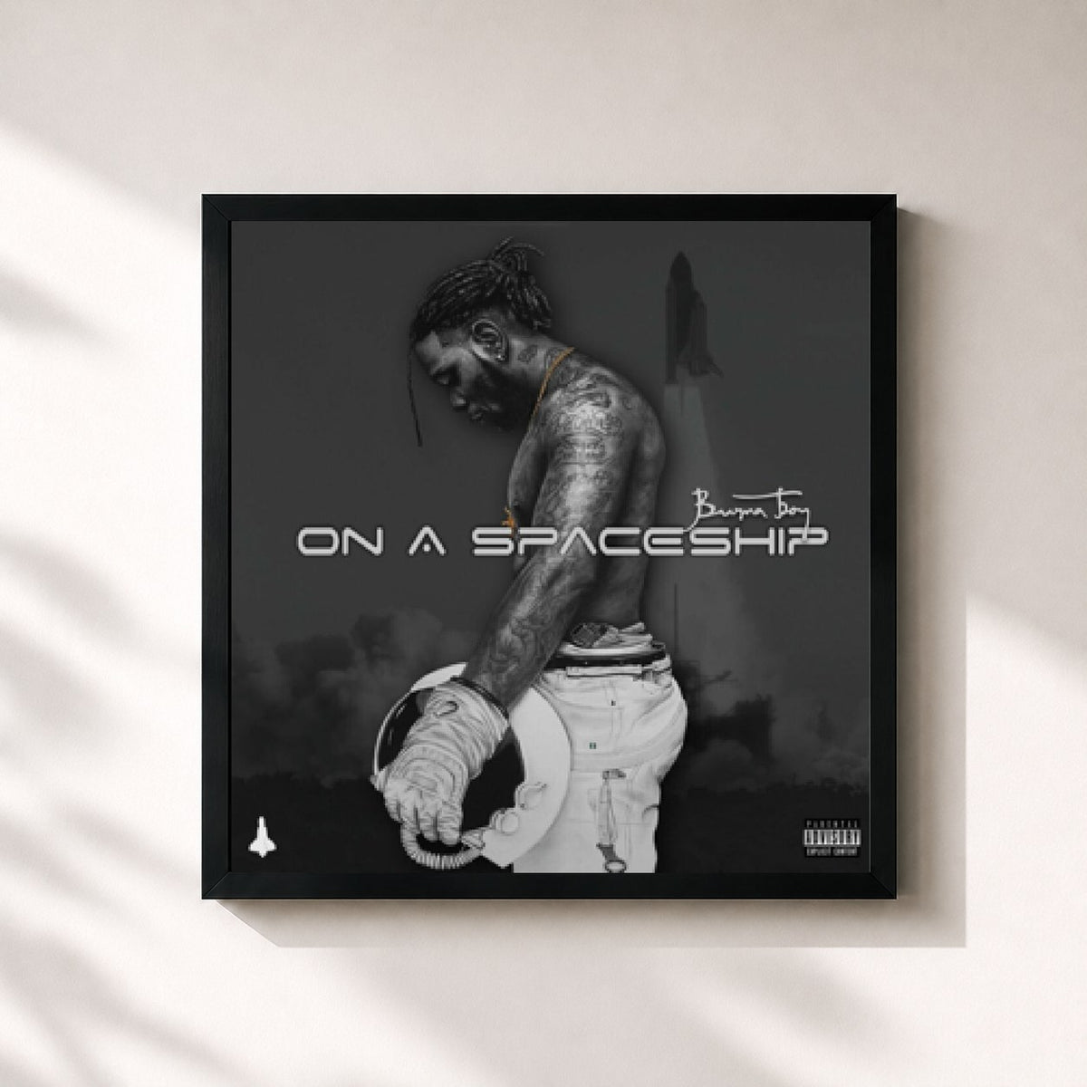 #noir Tableau carré de l'album On A Spaceship de Burna Boy, cadre noir 32x32 cm