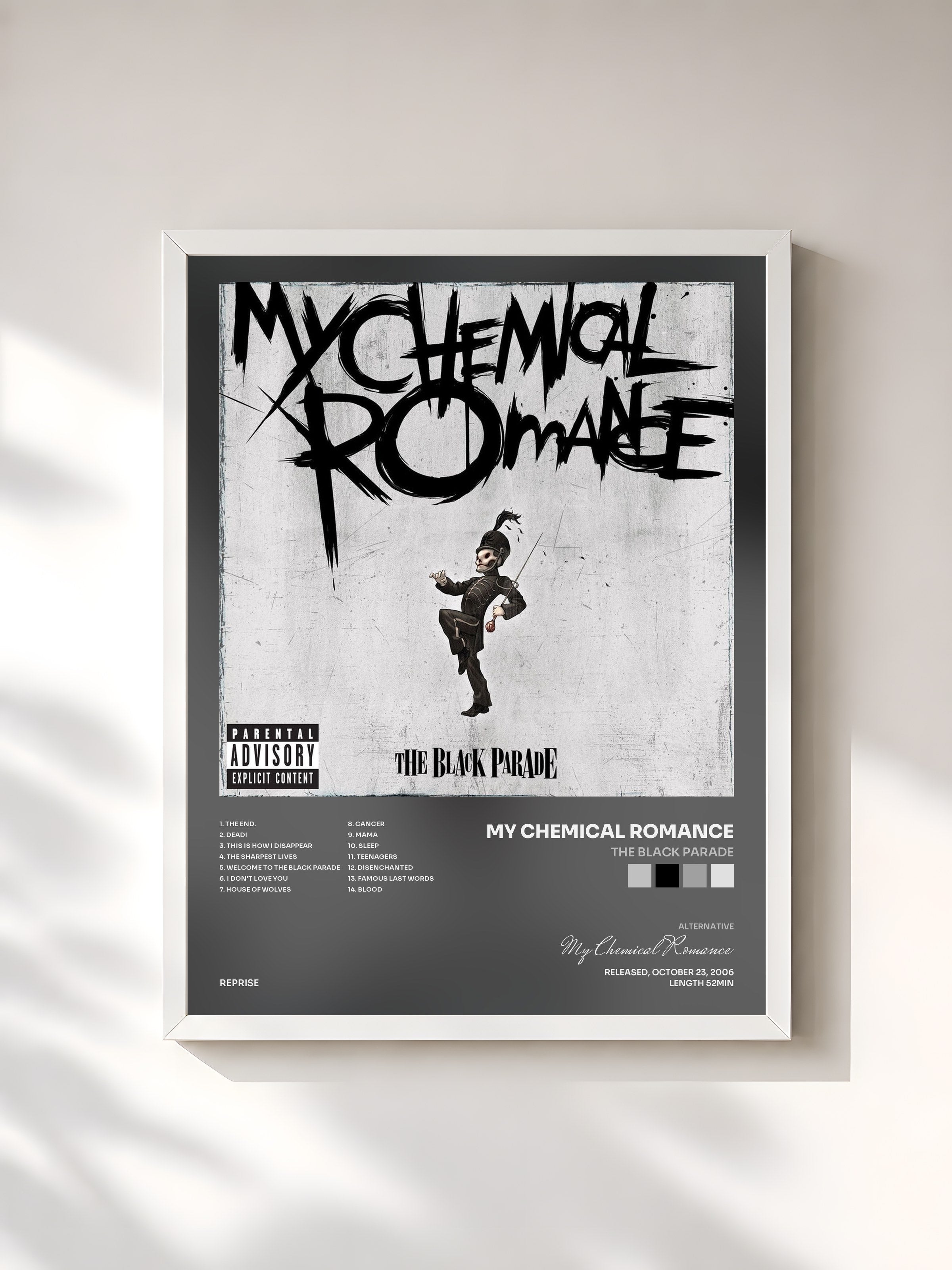 #blanc Tableau de l'album The Black Parade de My Chemical Romance, cadre blanc, imprimé et encadré en France