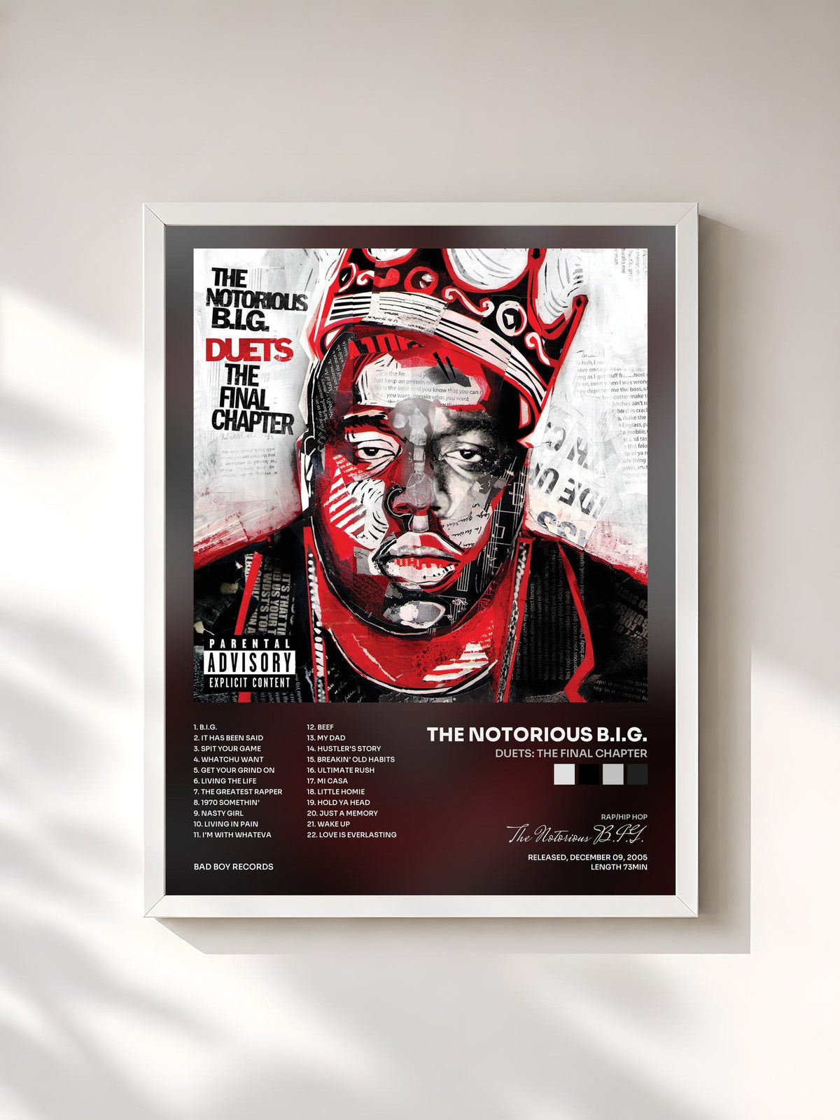 #blanc Tableau de l'album Duets: The Final Chapter de The Notorious B.I.G., cadre blanc, imprimé et encadré en France