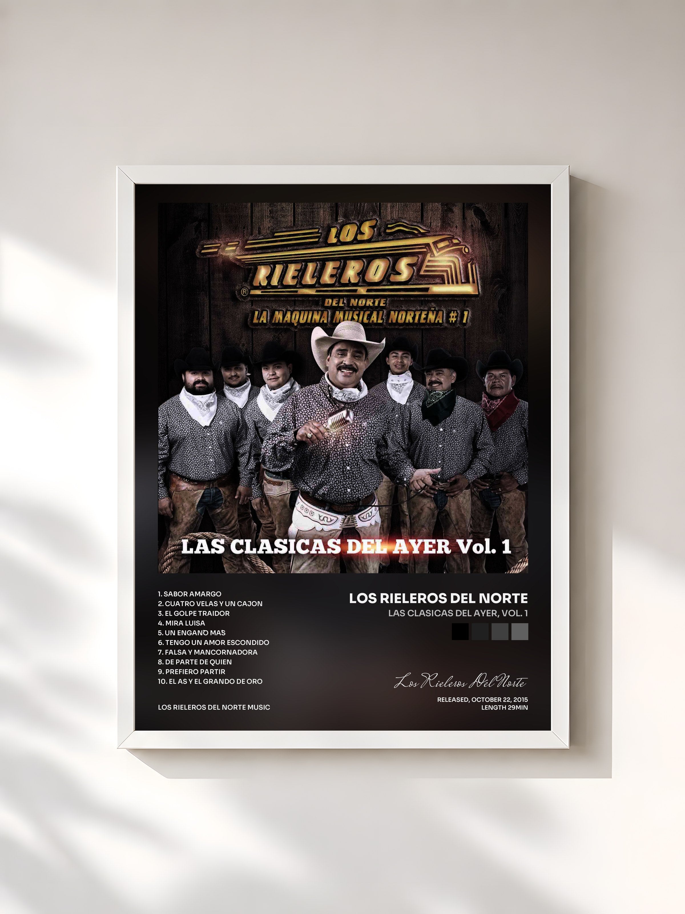 #blanc Tableau de l'album Las Clasicas del Ayer, Vol. 1 de Los Rieleros Del Norte, cadre blanc, imprimé et encadré en France