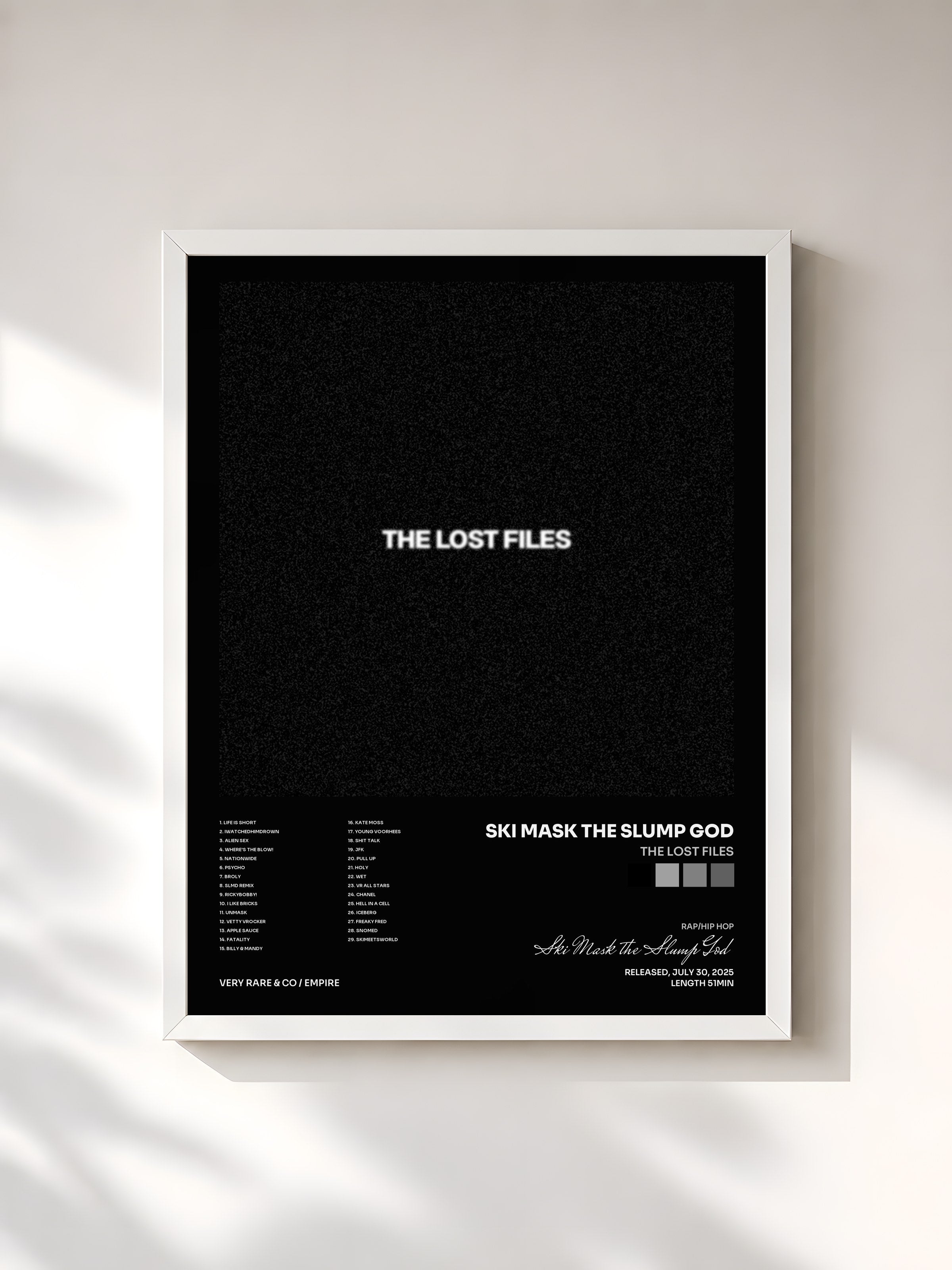 #blanc Tableau de l'album The Lost Files de Ski Mask the Slump God, cadre blanc, imprimé et encadré en France