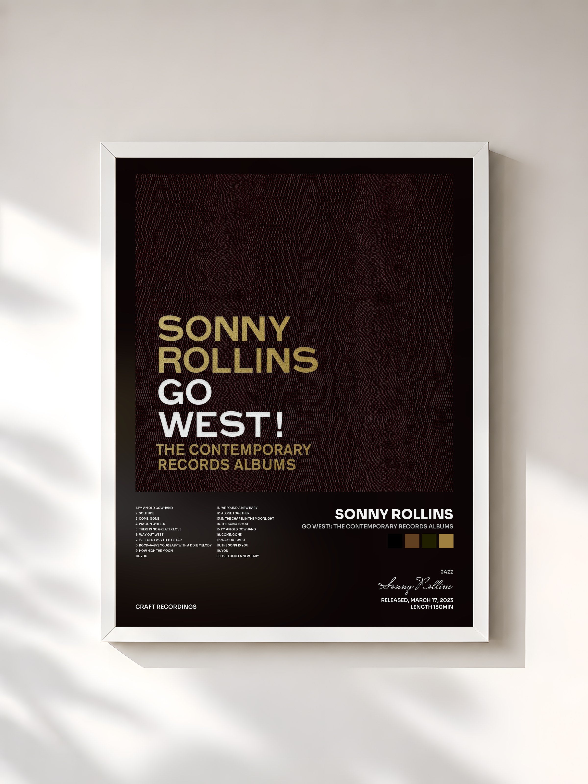 #blanc Tableau de l'album Go West!: The Contemporary Records Albums de Sonny Rollins, cadre blanc, imprimé et encadré en France