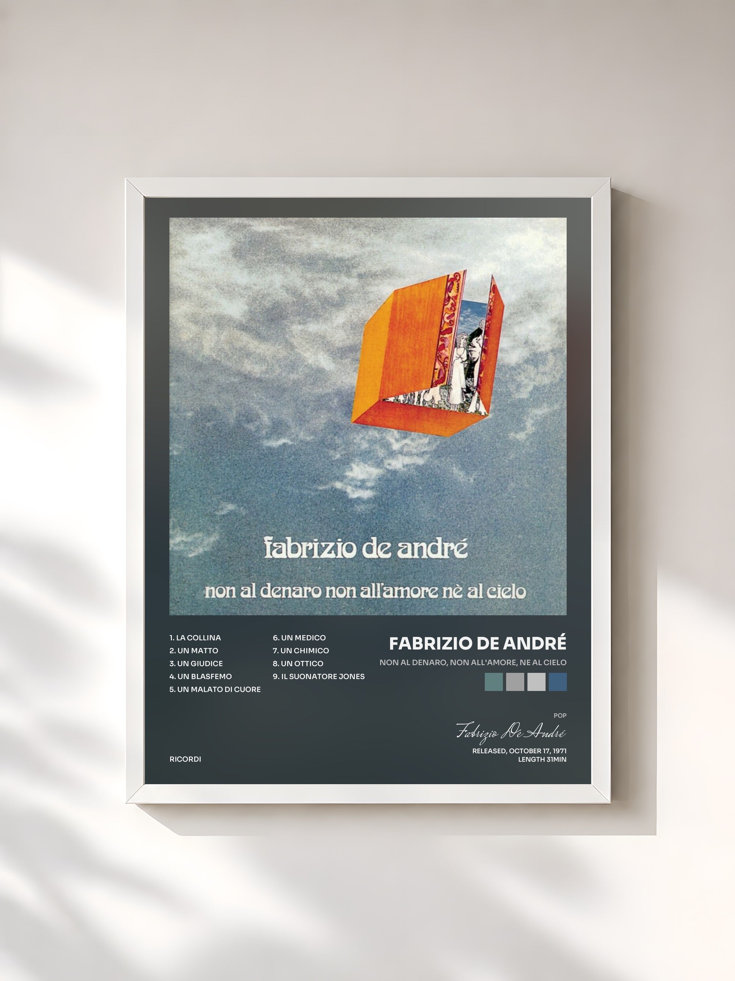 #blanc Tableau de l'album Non Al Denaro, Non All'Amore, Ne Al Cielo de Fabrizio De André, cadre blanc, imprimé et encadré en France