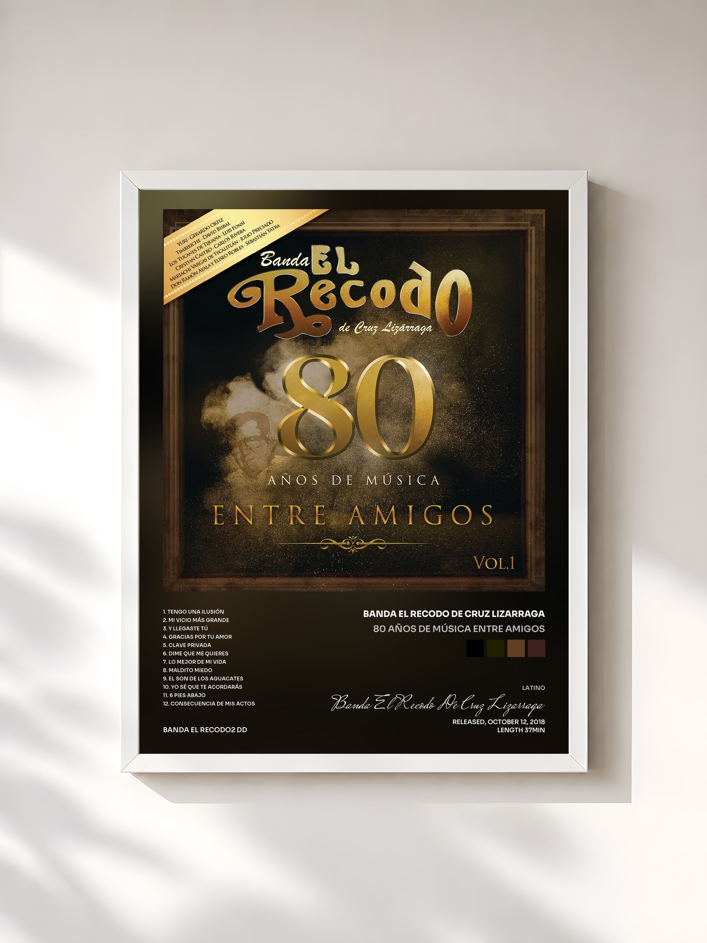 #blanc Tableau de l'album 80 Años De Música Entre Amigos de Banda El Recodo De Cruz Lizarraga, cadre blanc, imprimé et encadré en France